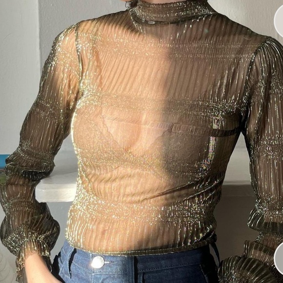 🎄Metallic Sheer Gold Long Sleeve Top - Picture 1 of 9